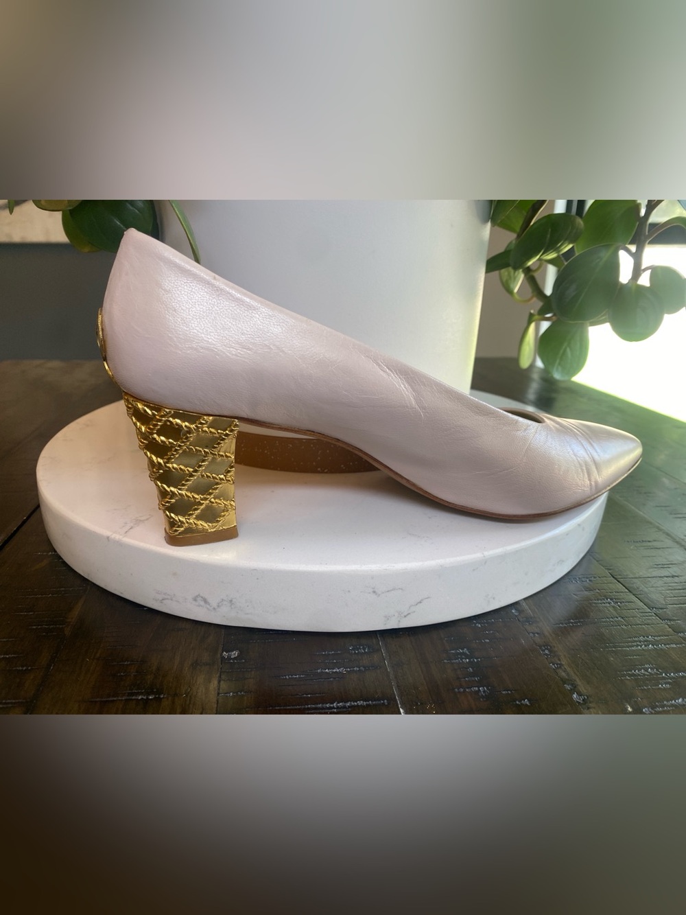 Norma B Blush Pink Leather Pump Gold Quilted Block Heel Size 8 Vtg Spain 2.5in - Picture 5 of 12